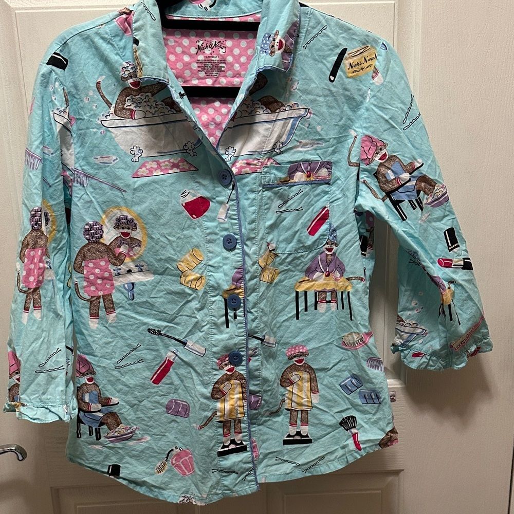 Nick & Nora Teal Monkey printed Sleepwear Top - Picture 1 of 8